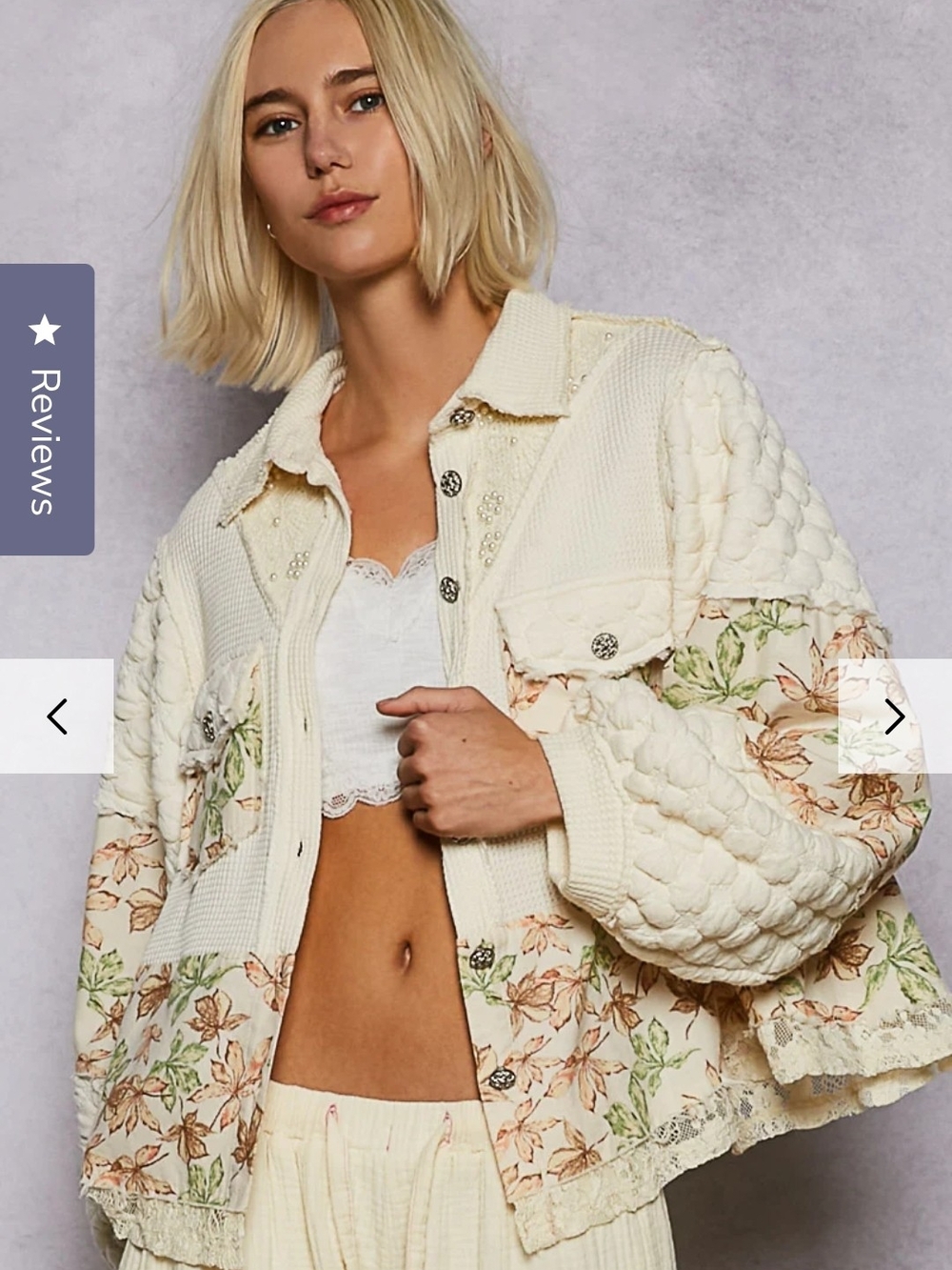 POL Cream Quilted Lightweight Jacket with Floral Panels